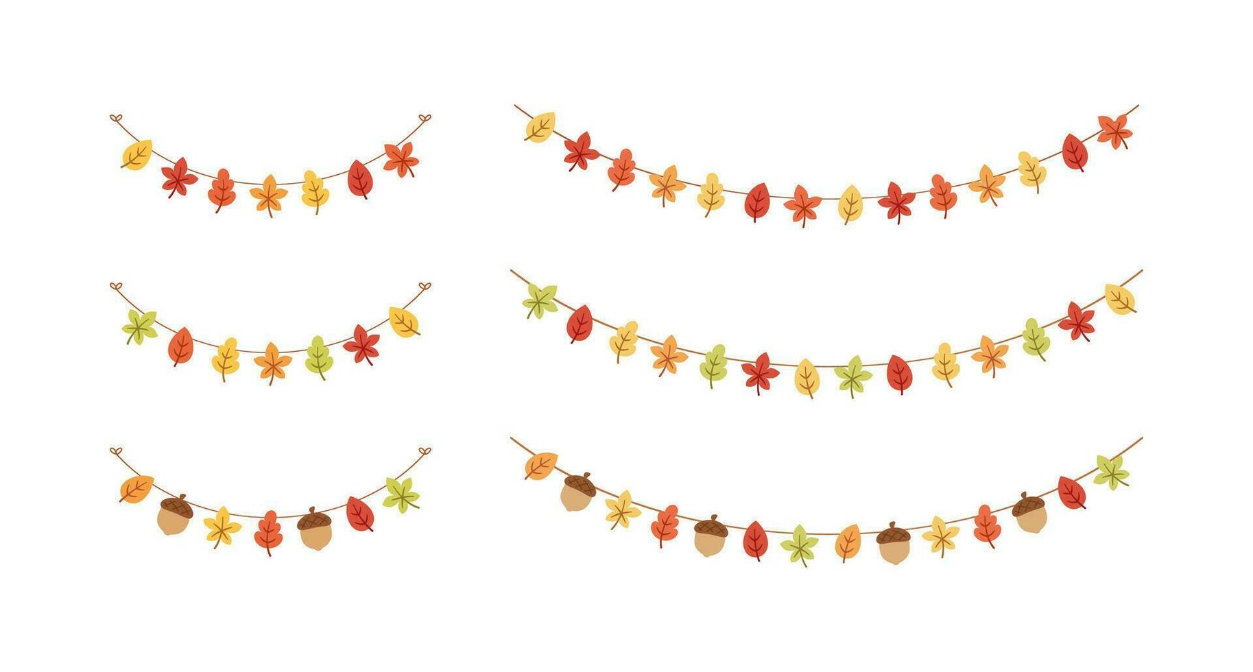 Autumn leaves garland in orange and red colors for Fall and Thanksgiving season set. Vector isolated on white background.
