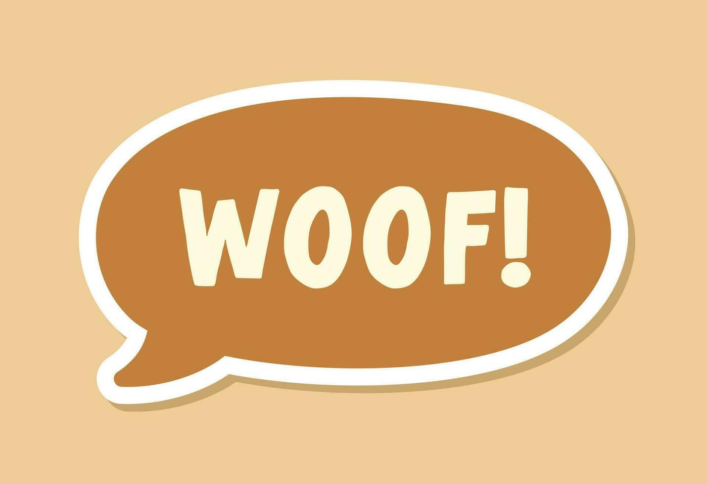 Woof text in a speech bubble balloon digital sticker design. Cute cartoon comics dog bark sound effect and lettering. Textured vector illustration.