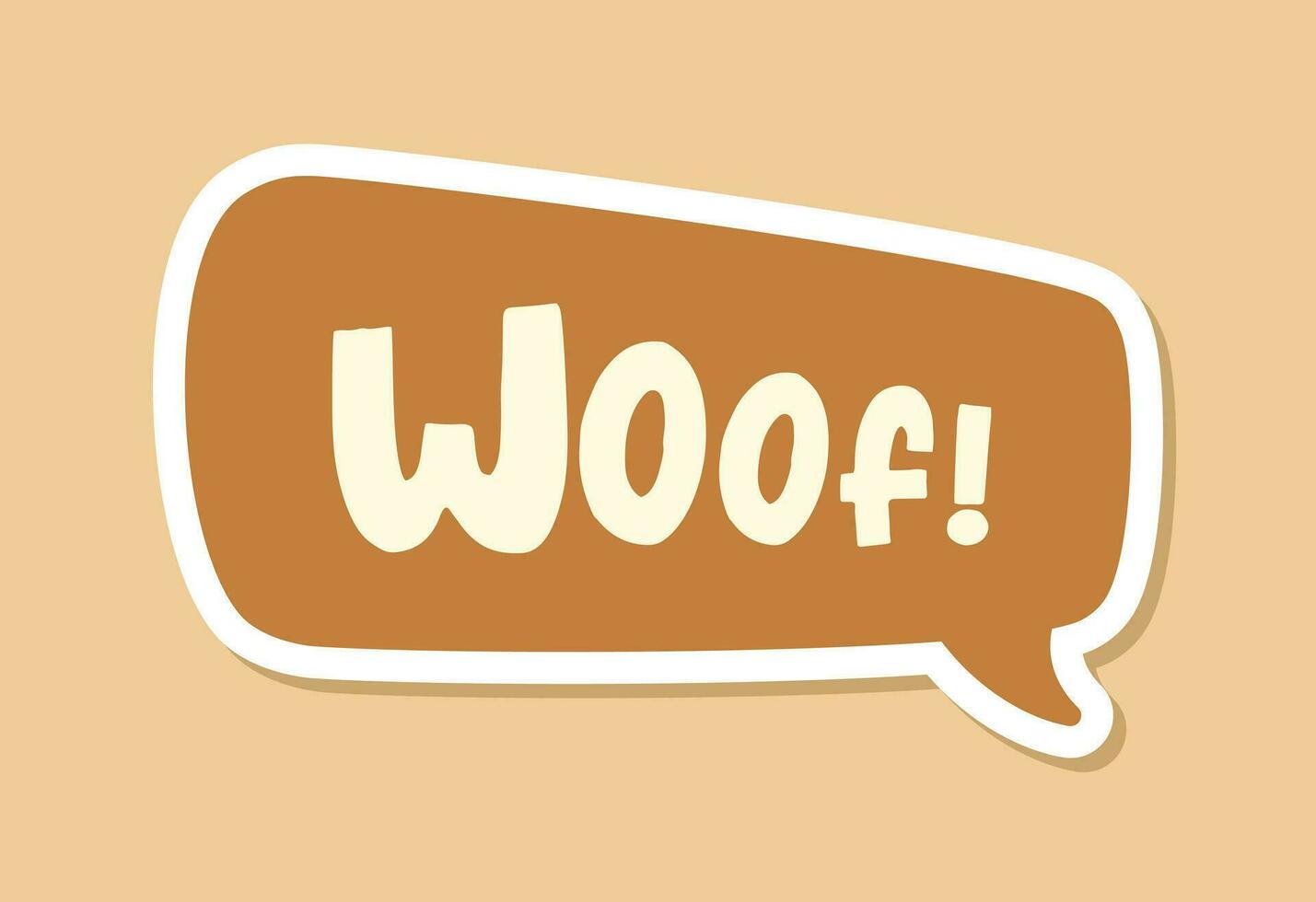Woof text in a speech bubble balloon digital sticker design. Cute cartoon comics dog bark sound effect and lettering. Textured vector illustration.
