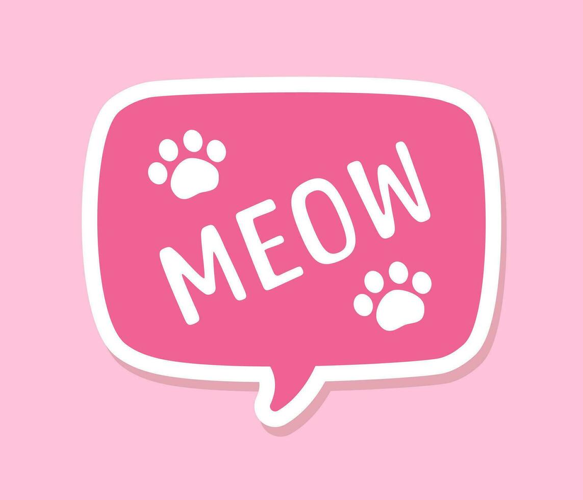 MEOW speech bubble with paw prints sticker design. Meow text. Cute hand drawn quote. Cat sound hand lettering. Doodle phrase. Vector illustration graphic for print, card, poster etc.