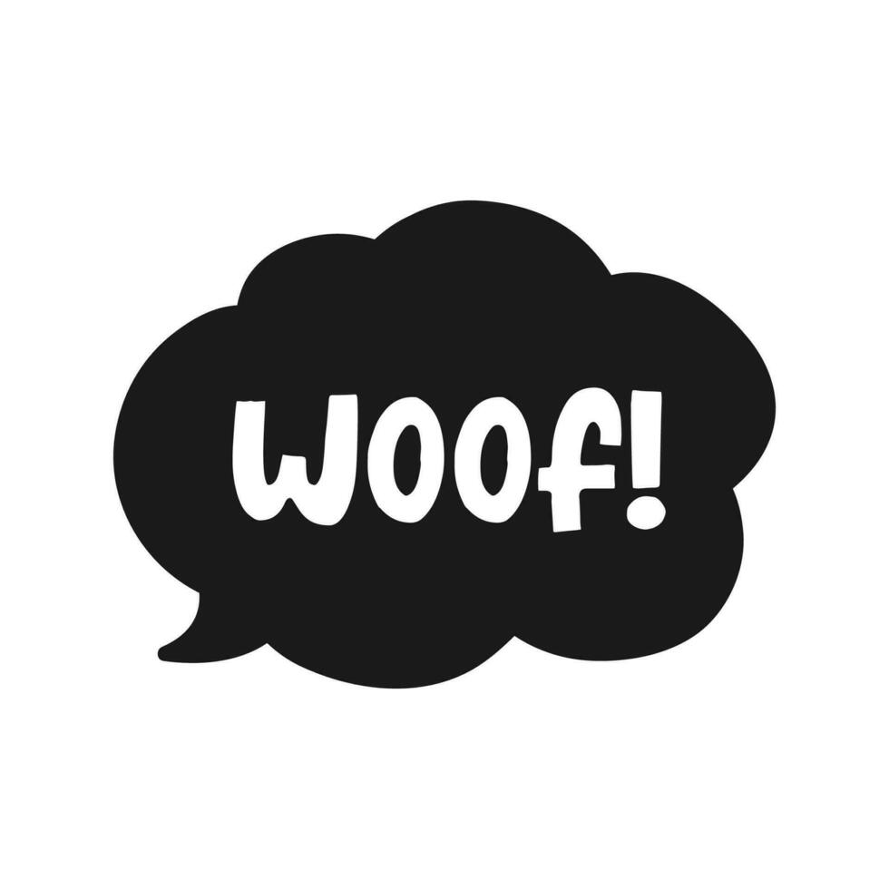 Woof text in a dark black speech bubble cloud balloon. Cartoon comics dog bark sound effect and lettering. Simple flat vector illustration silhouette on white background.