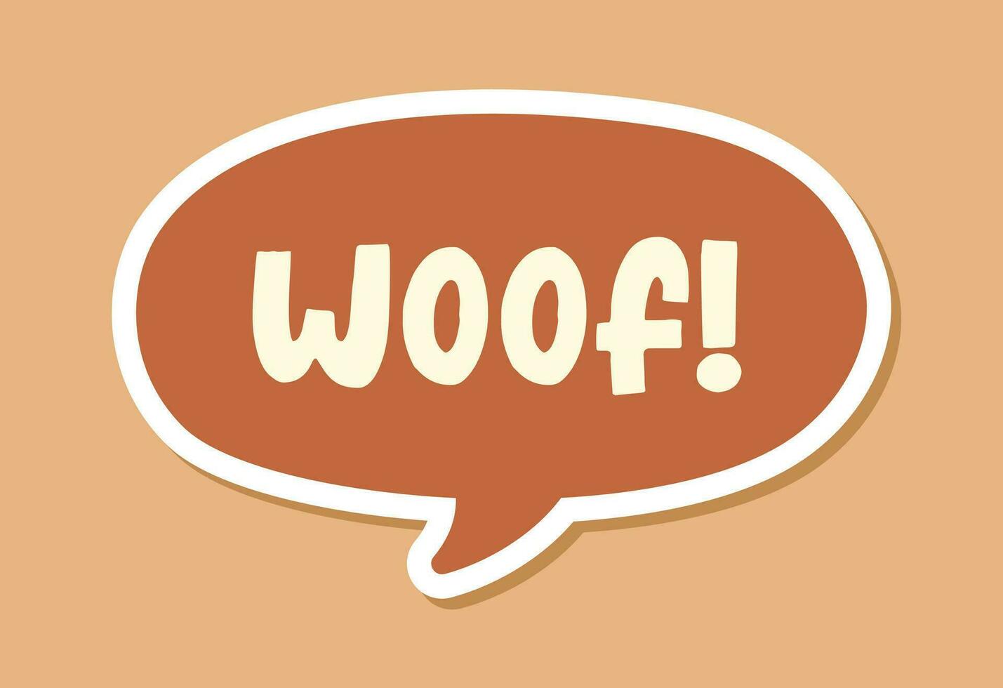 Woof text in a speech bubble balloon digital sticker design. Cute cartoon comics dog bark sound effect and lettering. Textured vector illustration.