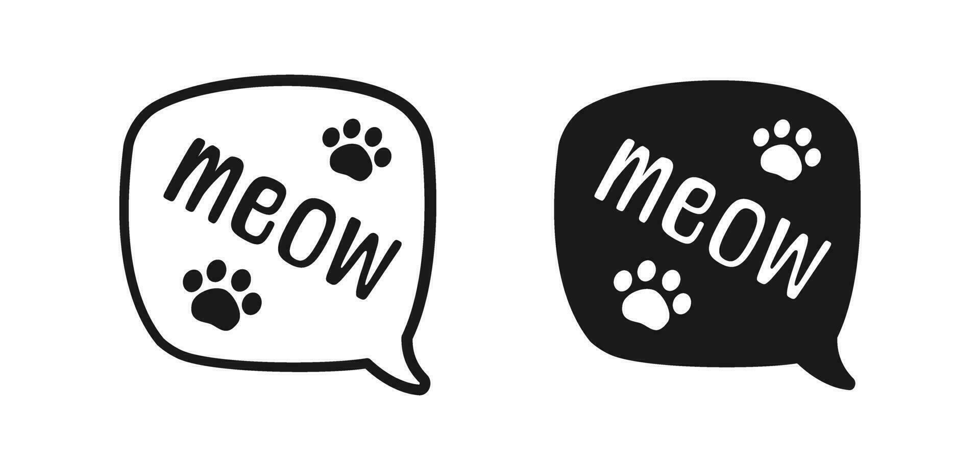 MEOW speech bubble silhouette and outline set. Cute hand drawn text quote. Animal sound with paw prints doodle phrase. Vector illustration.