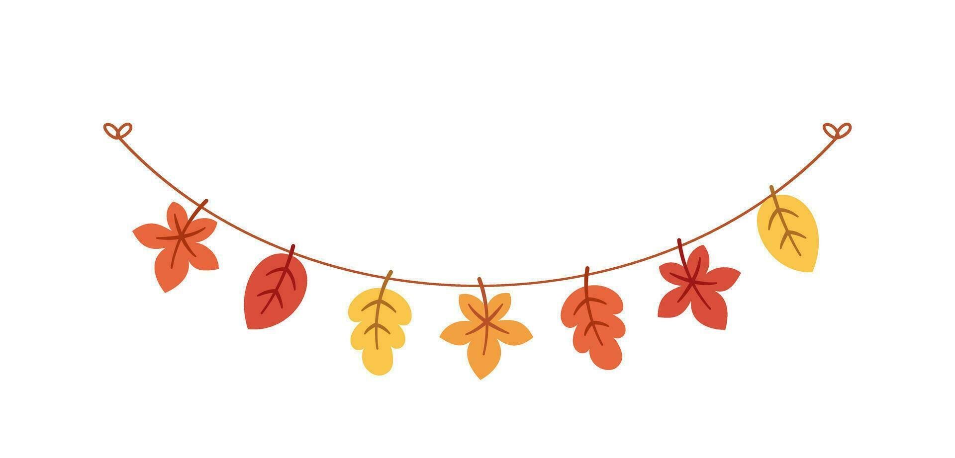 Autumn leaves garland in orange and red colors for Fall and Thanksgiving season. Vector isolated on white background.