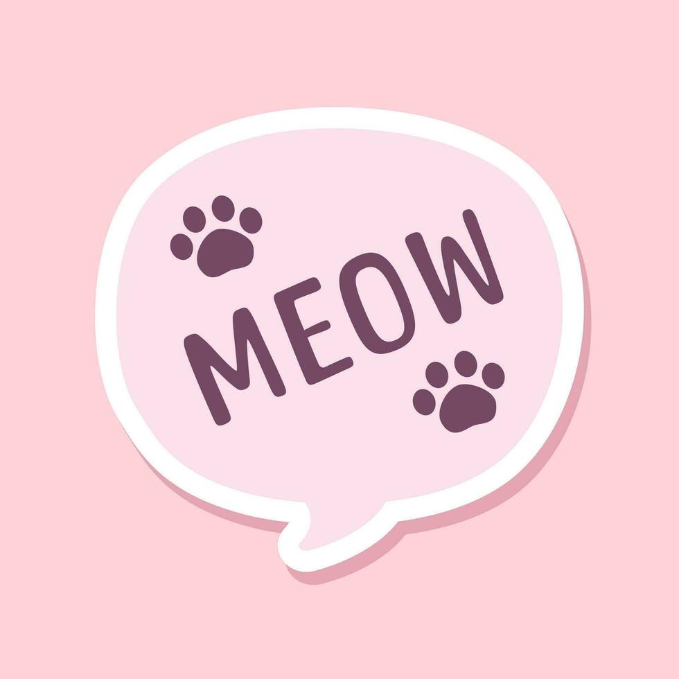 MEOW speech bubble with paw prints sticker design. Meow text. Cute hand drawn quote. Cat sound hand lettering. Doodle phrase. Vector illustration graphic for print, card, poster etc.
