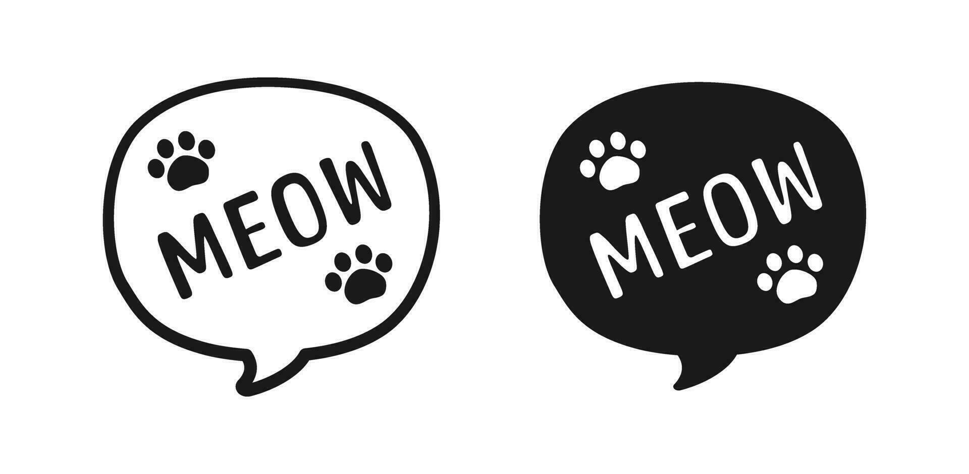 MEOW speech bubble silhouette and outline set. Cute hand drawn text quote. Animal sound with paw prints doodle phrase. Vector illustration.