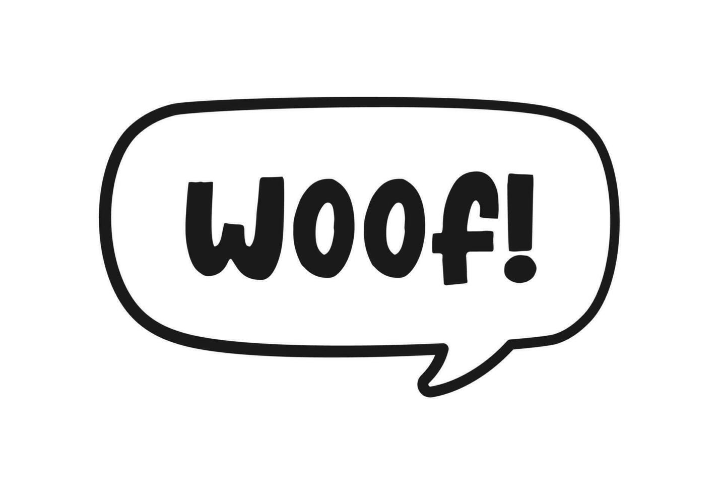 Woof text in a speech bubble balloon doodle. Cartoon comics dog bark sound effect and lettering. Simple black and white outline flat vector illustration design on white background.