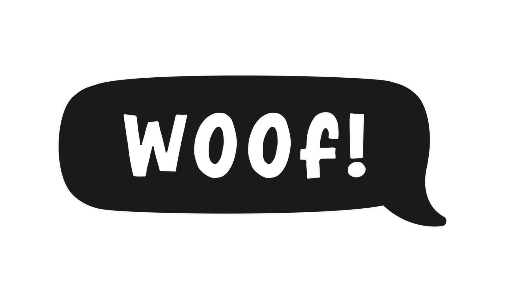 Woof text in a dark black speech bubble balloon. Cartoon comics dog bark sound effect and lettering. Simple flat vector illustration silhouette on white background.