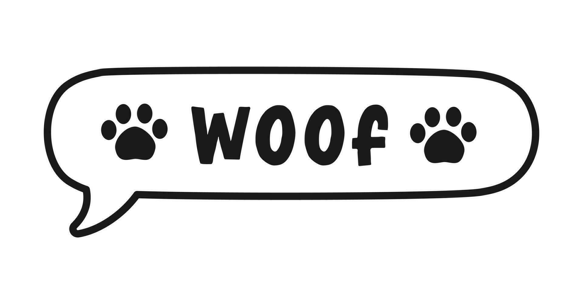 Woof text in a speech bubble balloon with paw prints doodle. Cartoon comics dog bark sound effect and lettering. Simple black and white outline flat vector illustration design on white background.
