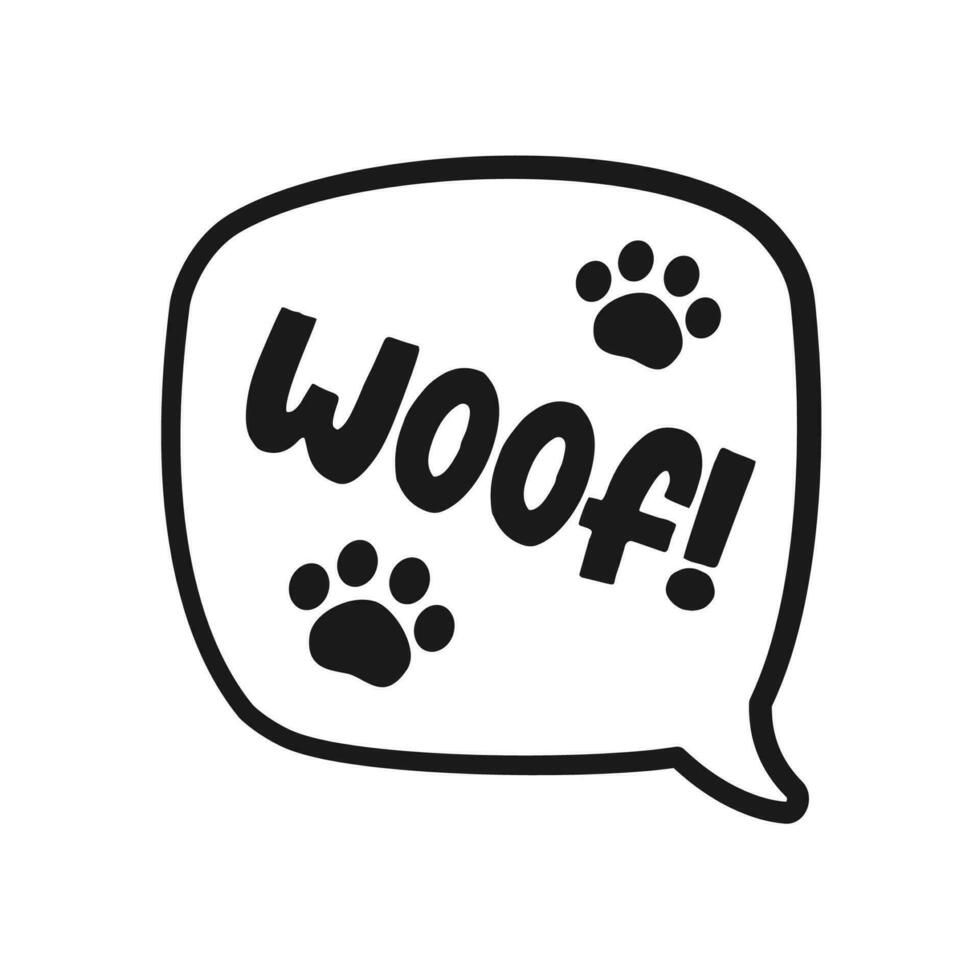 Woof text in a speech bubble balloon with paw prints doodle. Cartoon comics dog bark sound effect and lettering. Simple black and white outline flat vector illustration design on white background.
