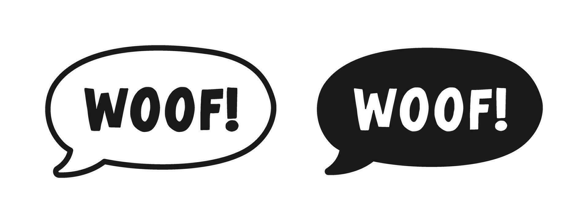 Woof text in a speech bubble balloon outline and silhouette set. Cartoon comics dog bark sound effect lettering. Simple flat vector illustration.