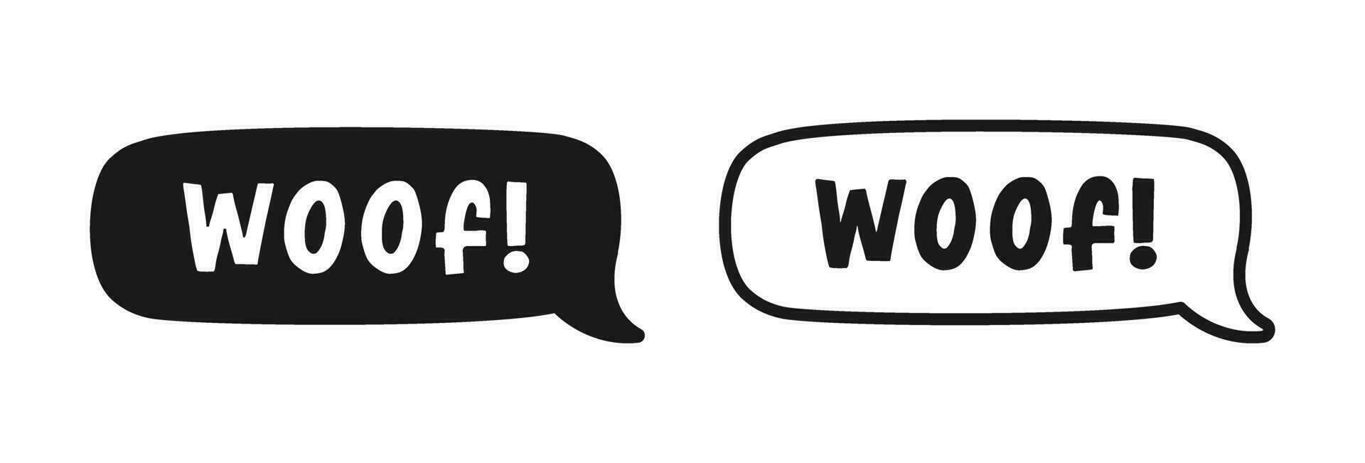Woof text in a speech bubble balloon outline and silhouette set. Cartoon comics dog bark sound effect lettering. Simple flat vector illustration.