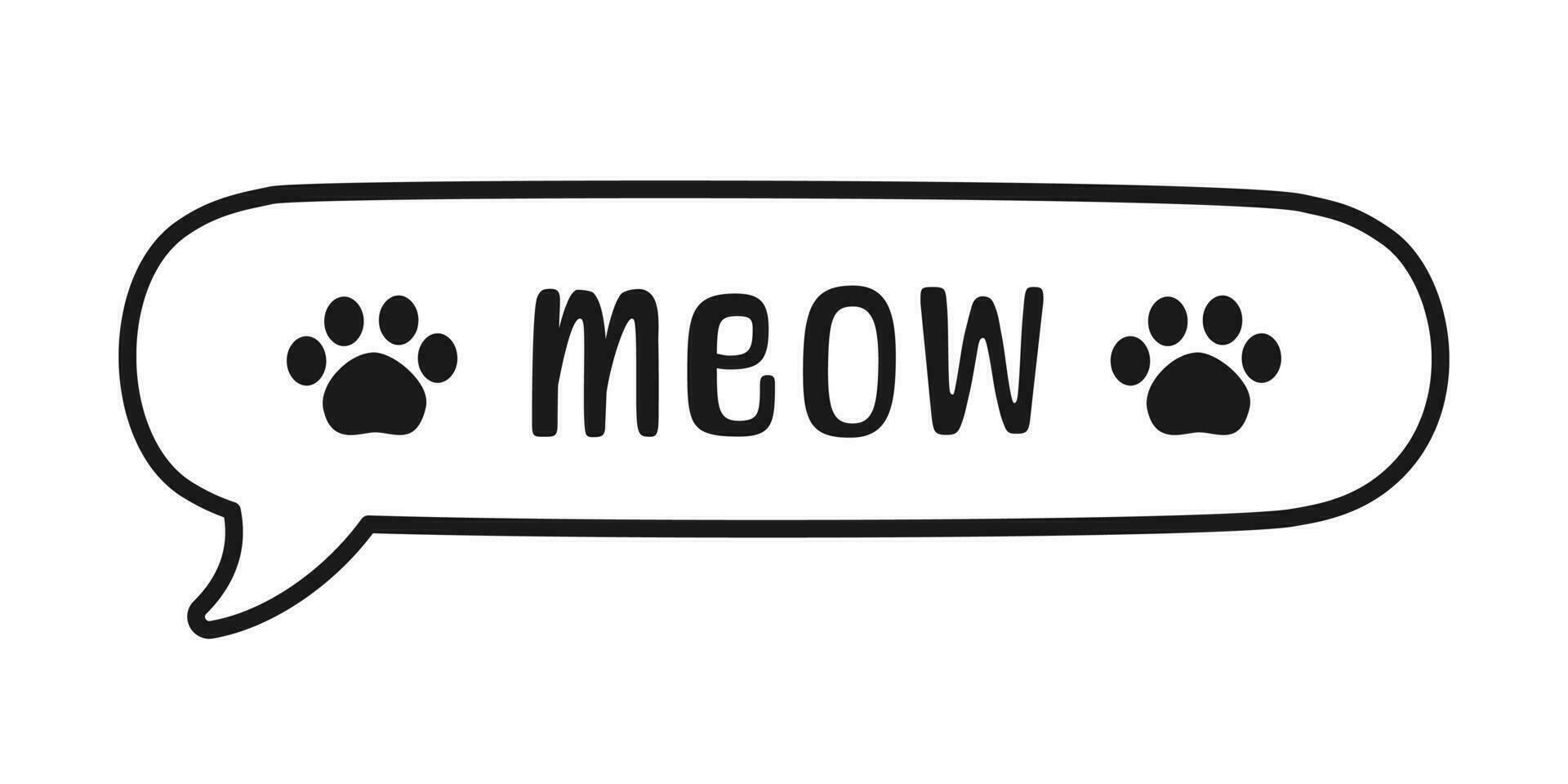 MEOW speech bubble outline doodle. Meow text. Cute hand drawn quote. Cat sound hand lettering phrase. Vector illustration for print on shirt, card, poster etc.