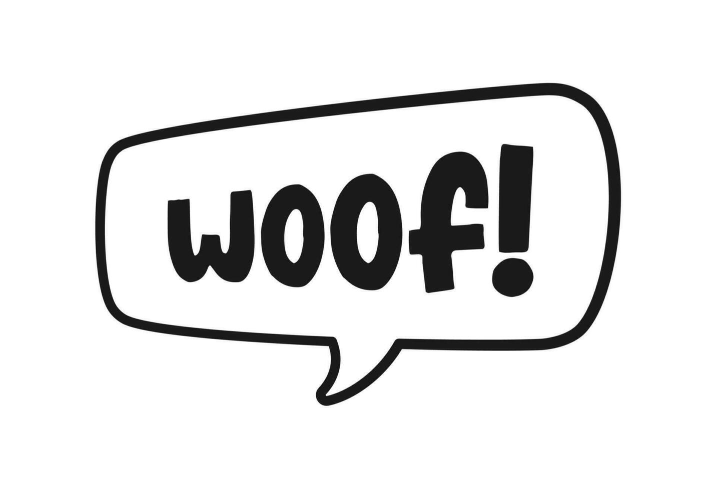 Woof text in a speech bubble balloon doodle. Cartoon comics dog bark sound effect and lettering. Simple black and white outline flat vector illustration design on white background.