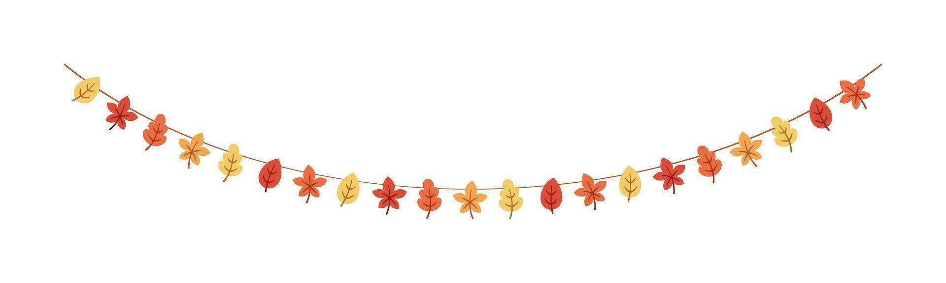 Autumn leaves garland in orange and red colors for Fall and Thanksgiving season. Vector isolated on white background.