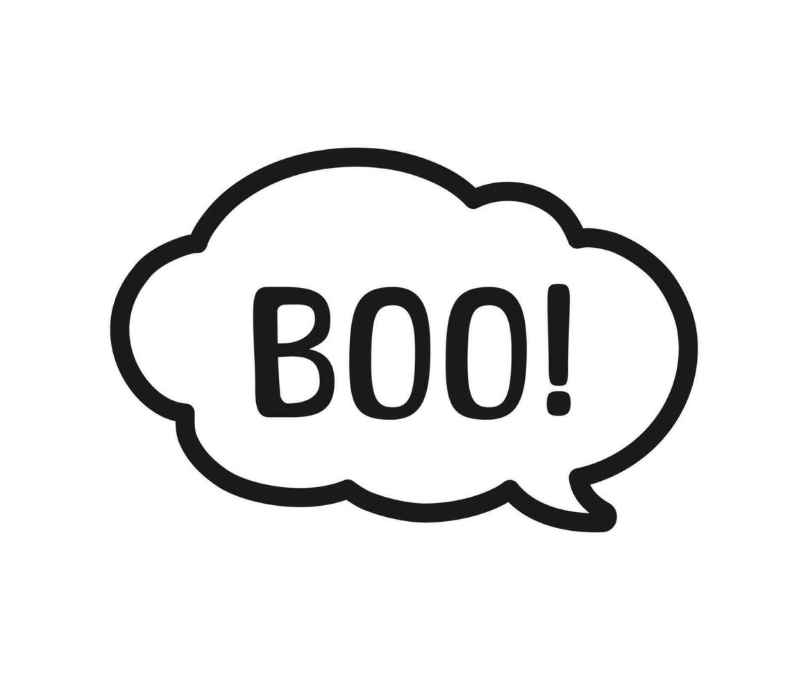 Boo text in speech bubble doodle design. Vector illustration. Happy Halloween greeting card. Cartoon hand drawn calligraphy style.