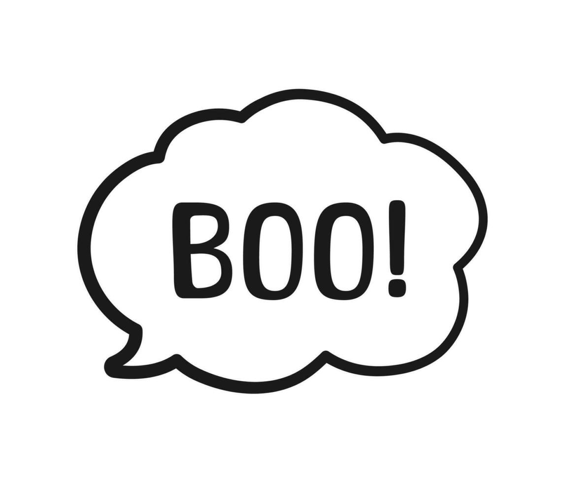 Boo text in speech bubble doodle design. Vector illustration. Happy Halloween greeting card. Cartoon hand drawn calligraphy style.