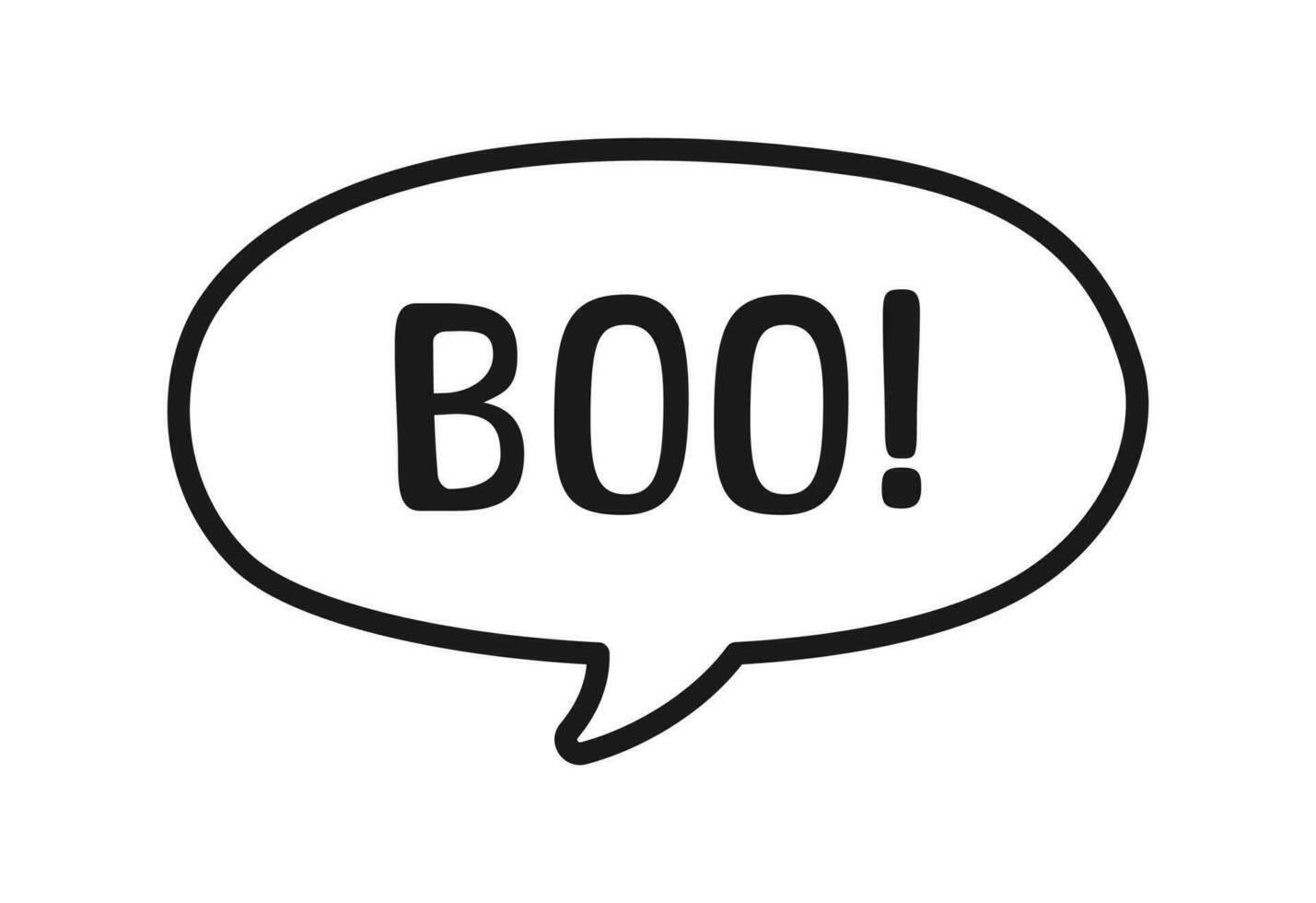 Boo text in speech bubble doodle design. Vector illustration. Happy Halloween greeting card. Cartoon hand drawn calligraphy style.
