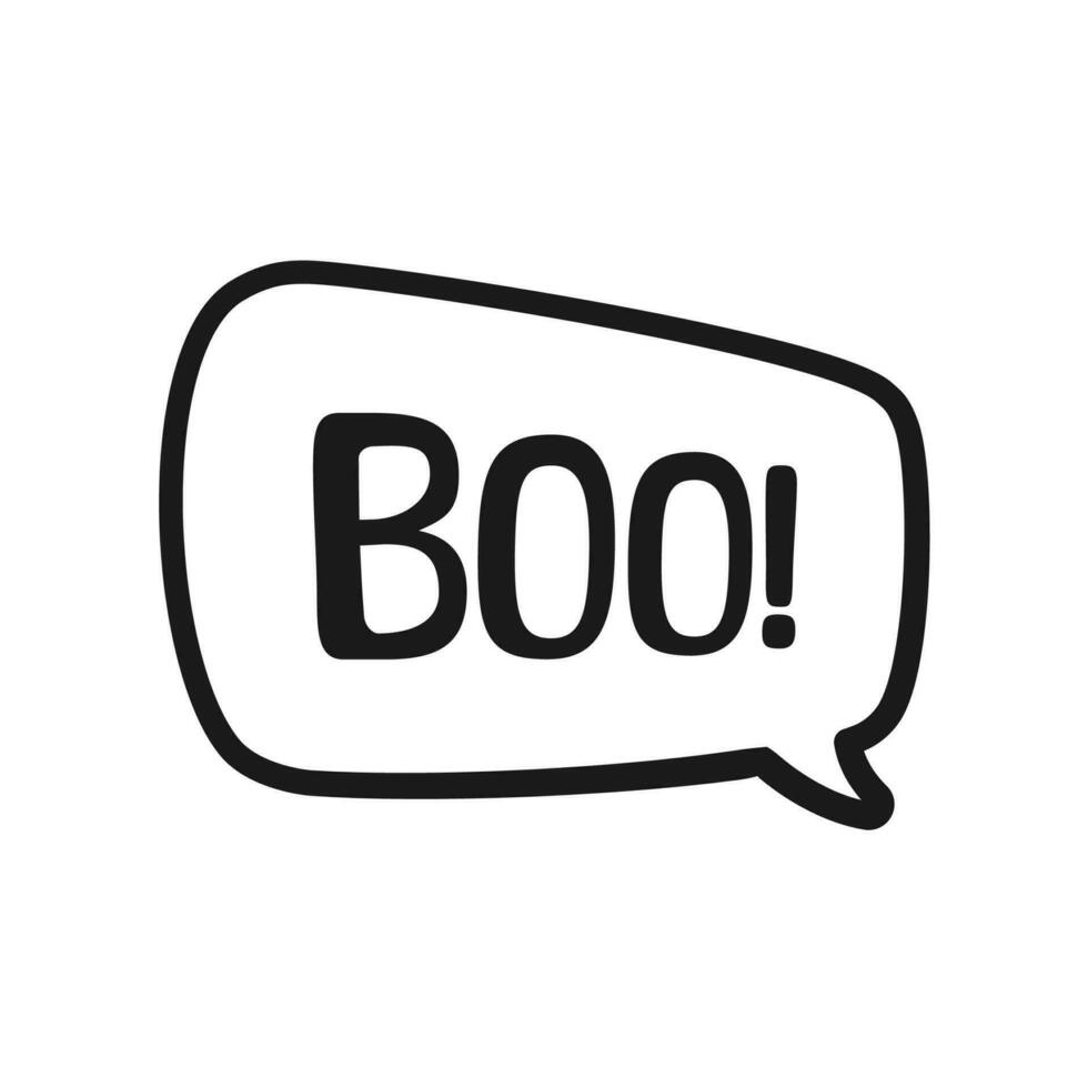 Boo text in speech bubble doodle design. Vector illustration. Happy Halloween greeting card. Cartoon hand drawn calligraphy style.