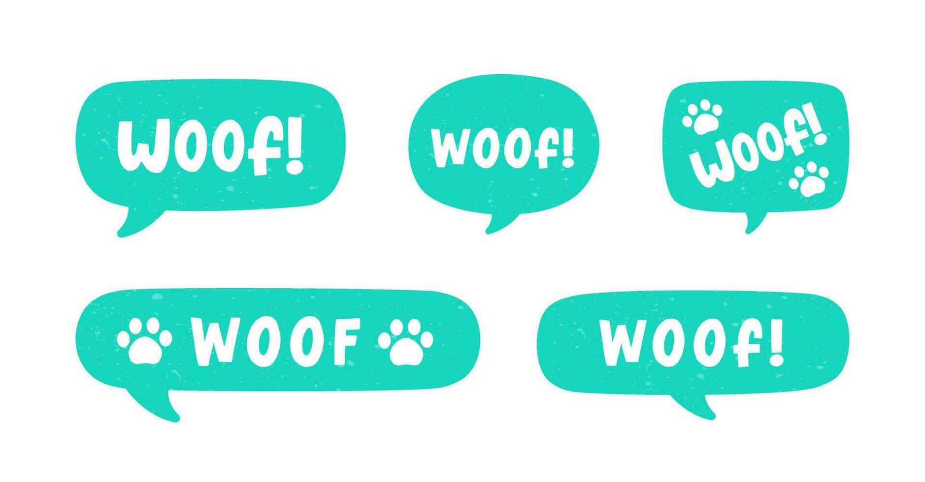 Woof text in a speech bubble balloon set, digital sticker design. Cute cartoon comics dog bark sound effect and lettering. Textured vector illustration.