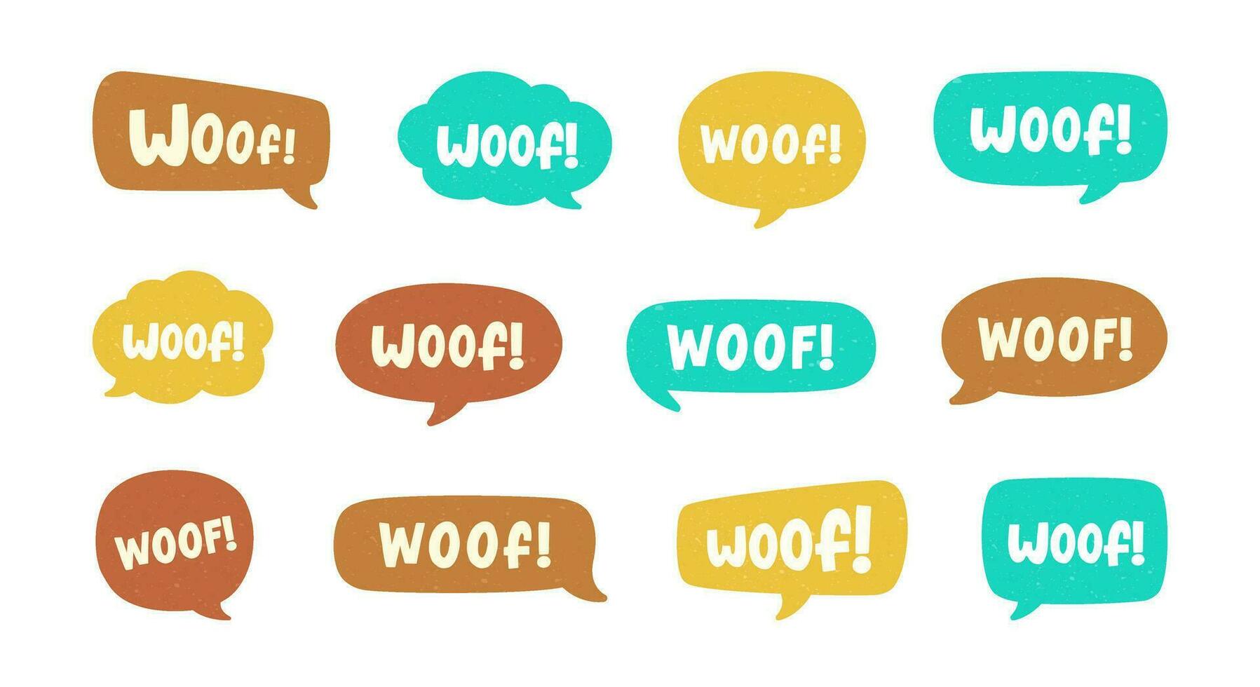 Woof text in a speech bubble balloon set, digital sticker design. Cute cartoon comics dog bark sound effect and lettering. Textured vector illustration.