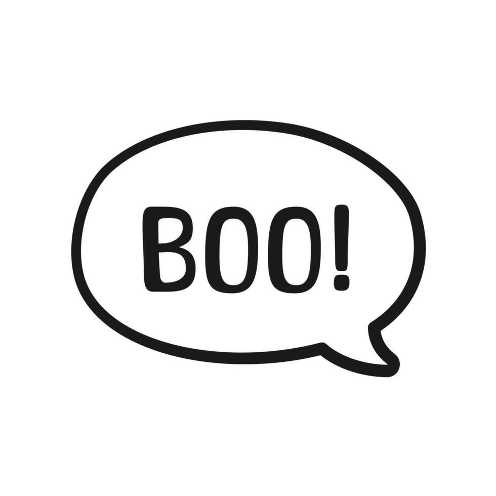 Boo text in speech bubble doodle design. Vector illustration. Happy Halloween greeting card. Cartoon hand drawn calligraphy style.