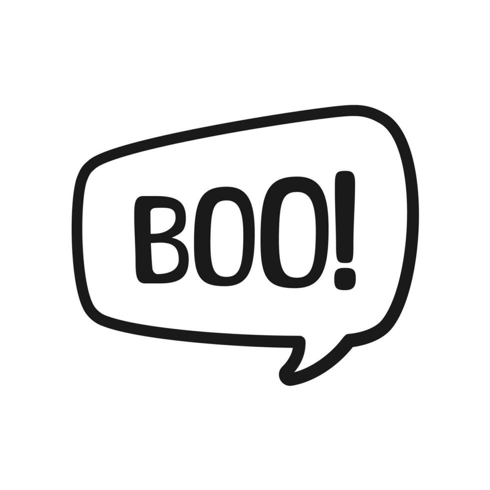 Boo text in speech bubble doodle design. Vector illustration. Happy Halloween greeting card. Cartoon hand drawn calligraphy style.