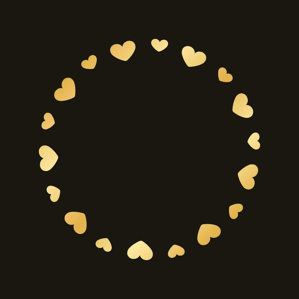 Golden round frame made with heart pattern. Gold Valentines Day Border Template, elegant wedding invitation card vector illustration