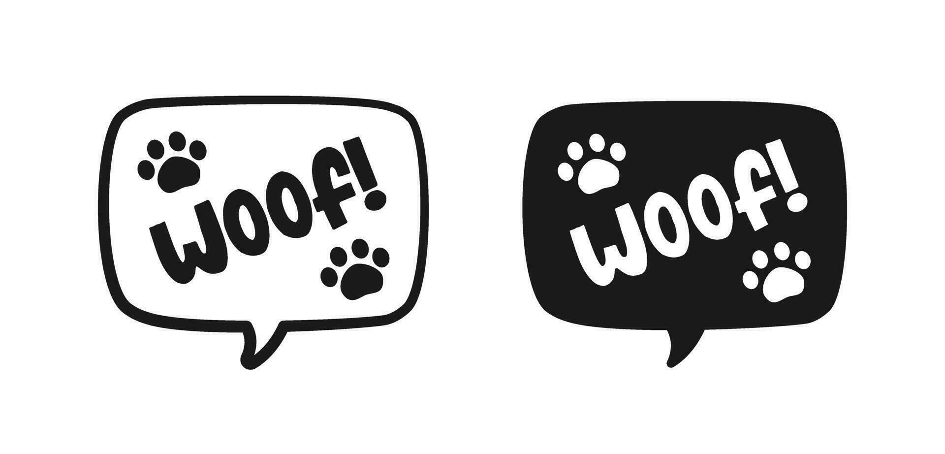 Woof text in a speech bubble balloon outline and silhouette set. Cartoon comics dog bark sound effect lettering. Simple flat vector illustration.