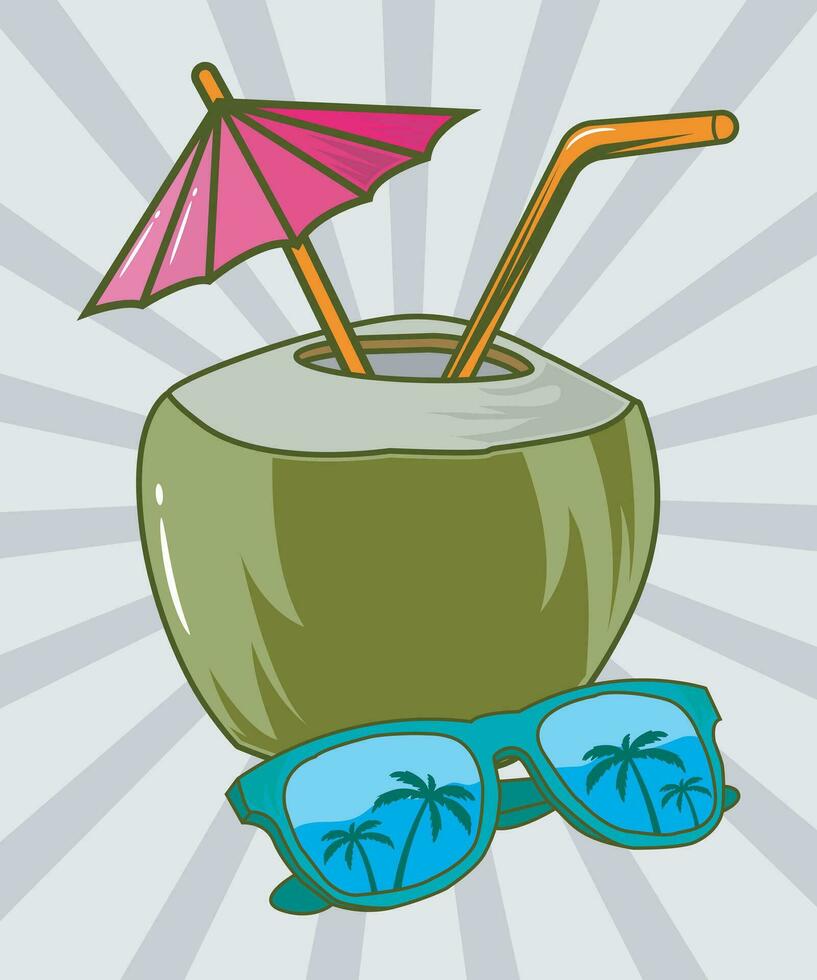 Coconut drink with sunglass vector
