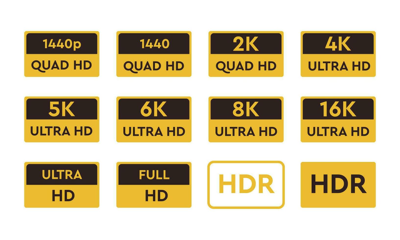colección de hd y ultra hd íconos vector ilustración, vídeo resolución etiquetas diferente definición botones para sitio web vector elementos