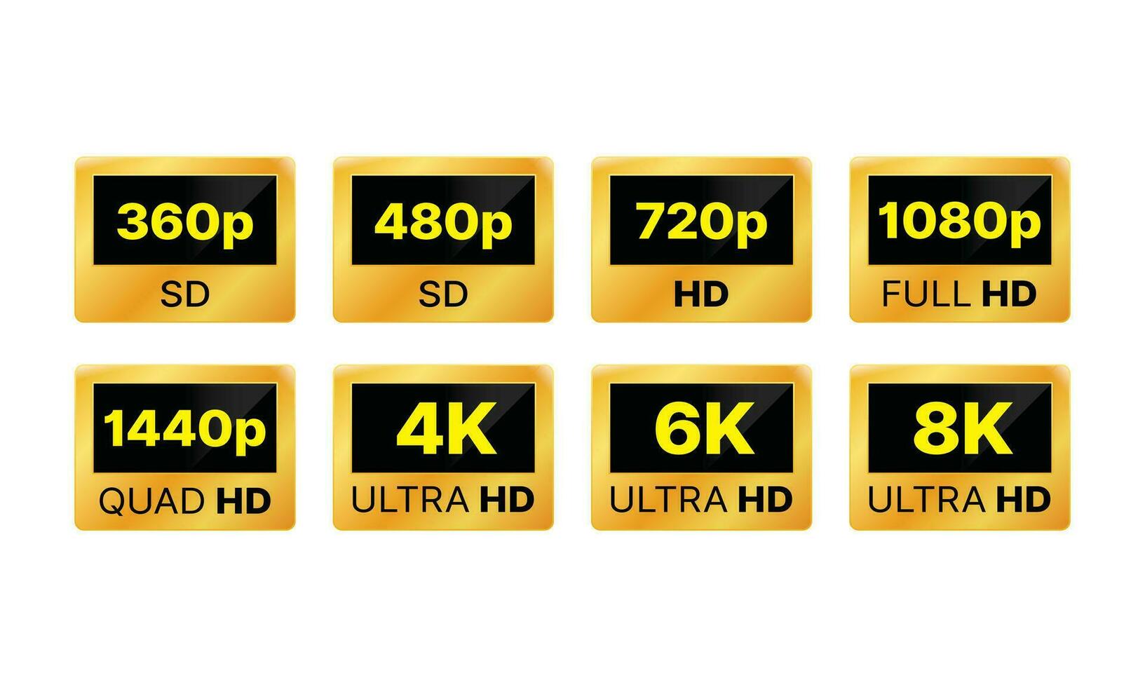 Video resolution display definition icons, Golden 8k 4k 5k ultra hd video resolution icon vector