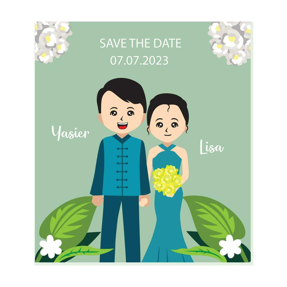 Boda invitación tarjeta con novia y novio. vector ilustración.