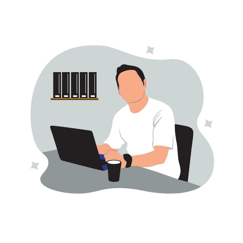 Man working on laptop and drinking coffee. Vector illustration in flat style