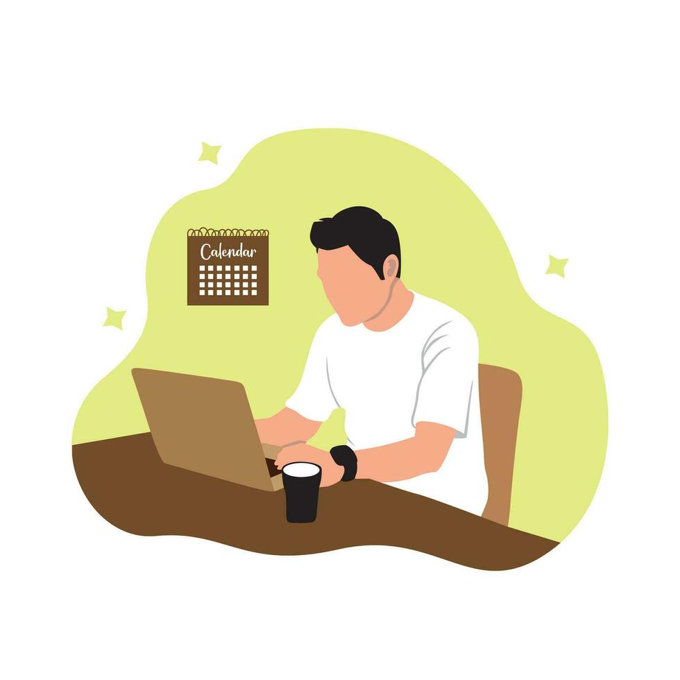 Man working on laptop at home. Freelance work concept. Vector illustration in flat style