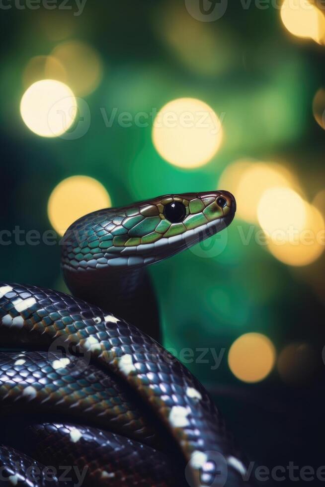 Green snake on the background of a green Christmas tree . Symbol of 2025. Chinese New Year. Generative AI photo