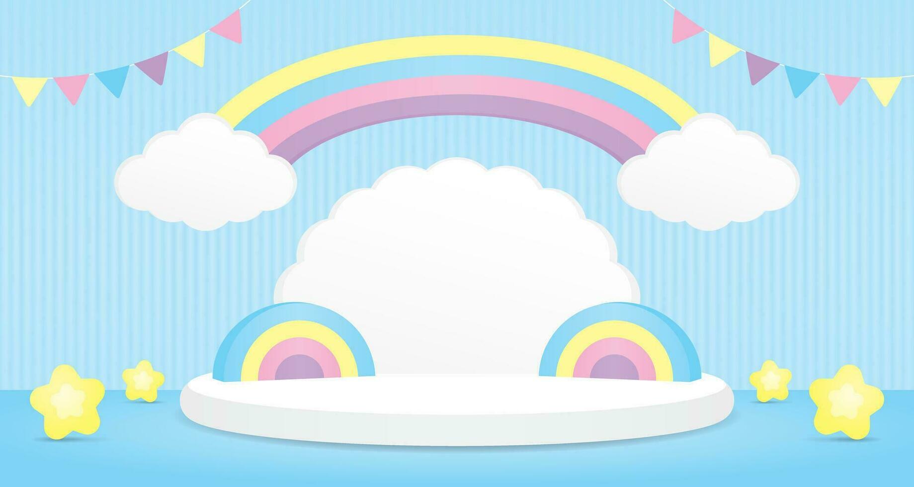 cute kawaii sweet pastel rainbow arch with cloud shape podium display 3d illustration vector scene for putting object