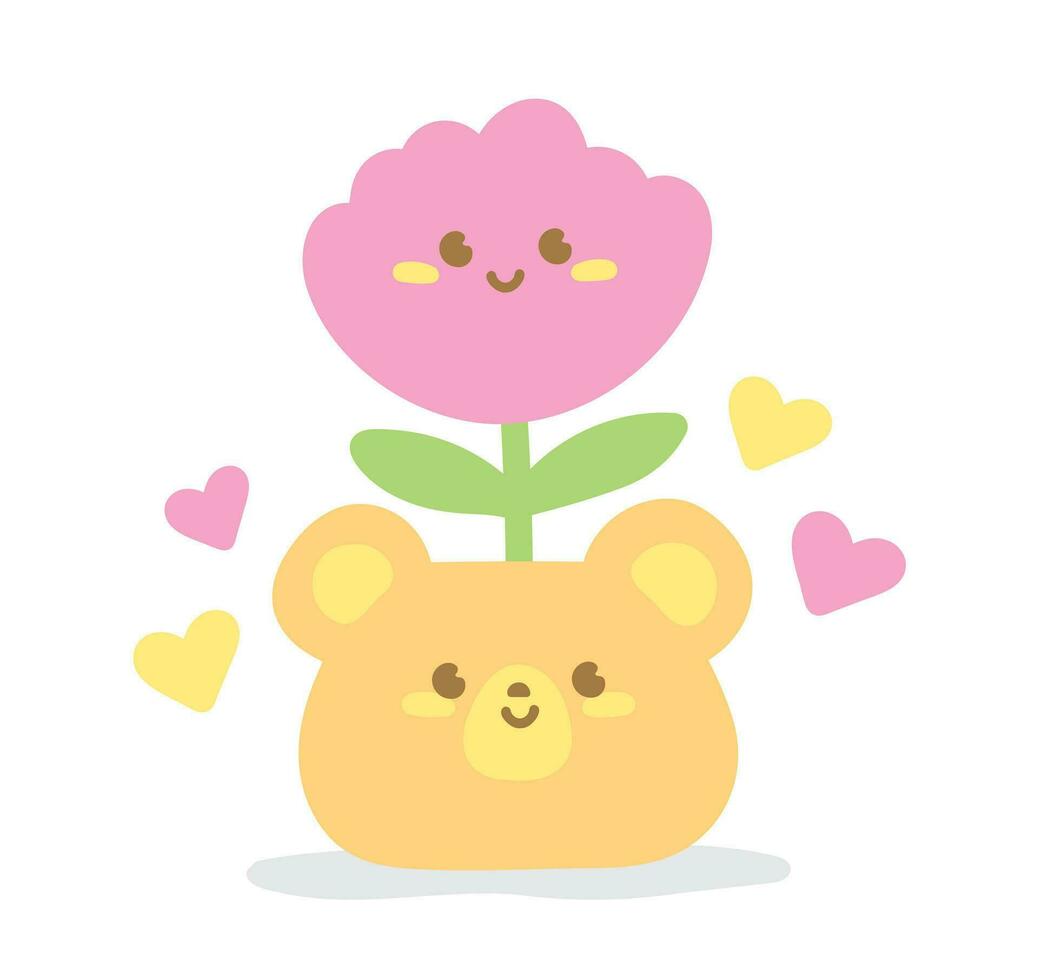 cute kawaii happy bear pot with lovely flower illustration graphic element vector