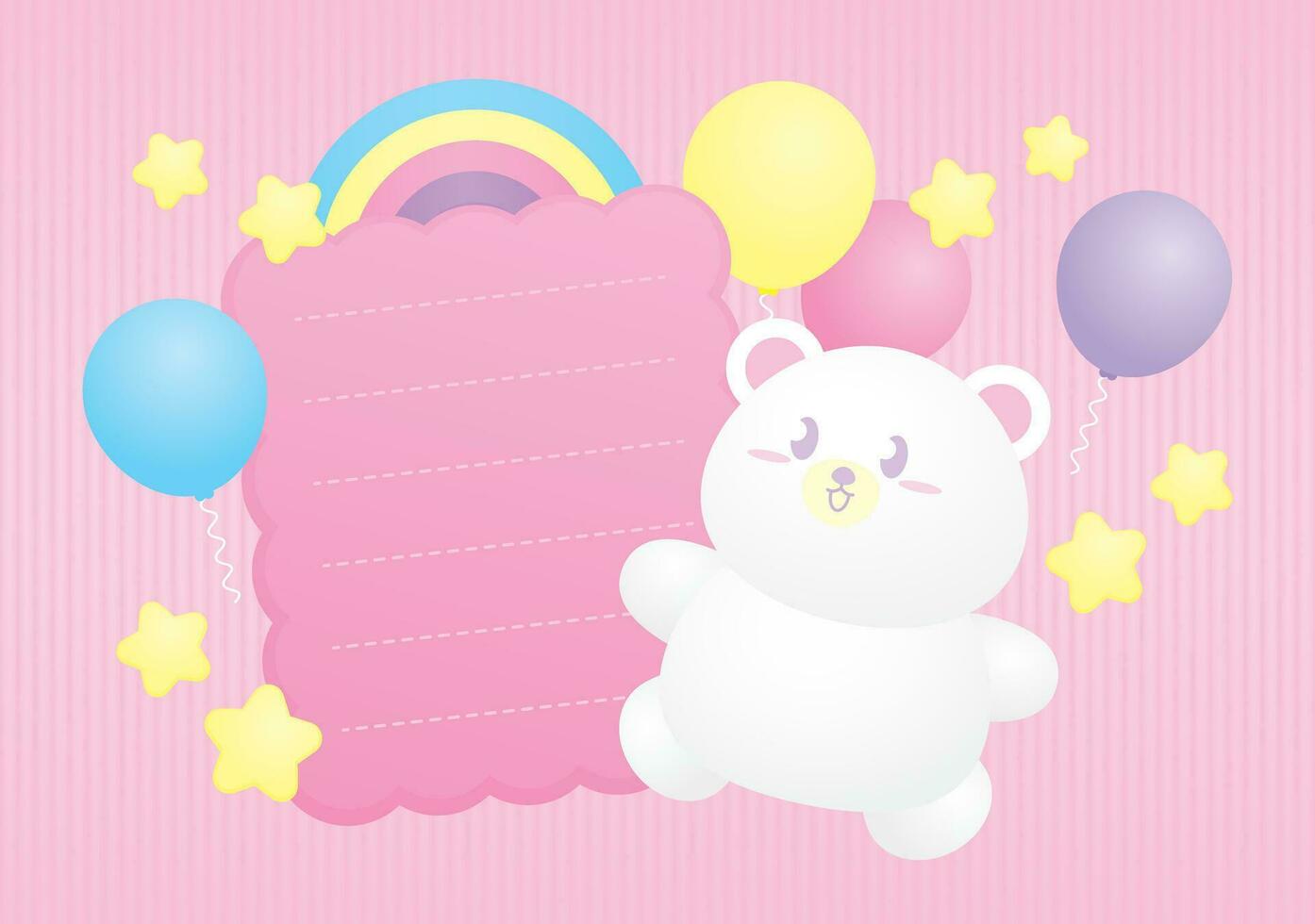 cute kawaii white bear with pink text box and colorful pastel rainbow and balloons and stars illustration vector