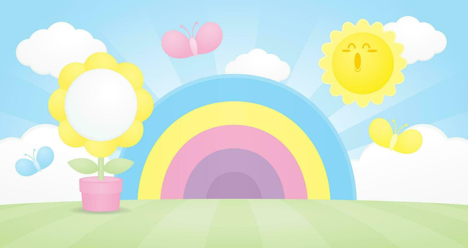 cute kawaii rainbow backdrop with flower and happy sun on green ground graphic illustration vector scene for putting object