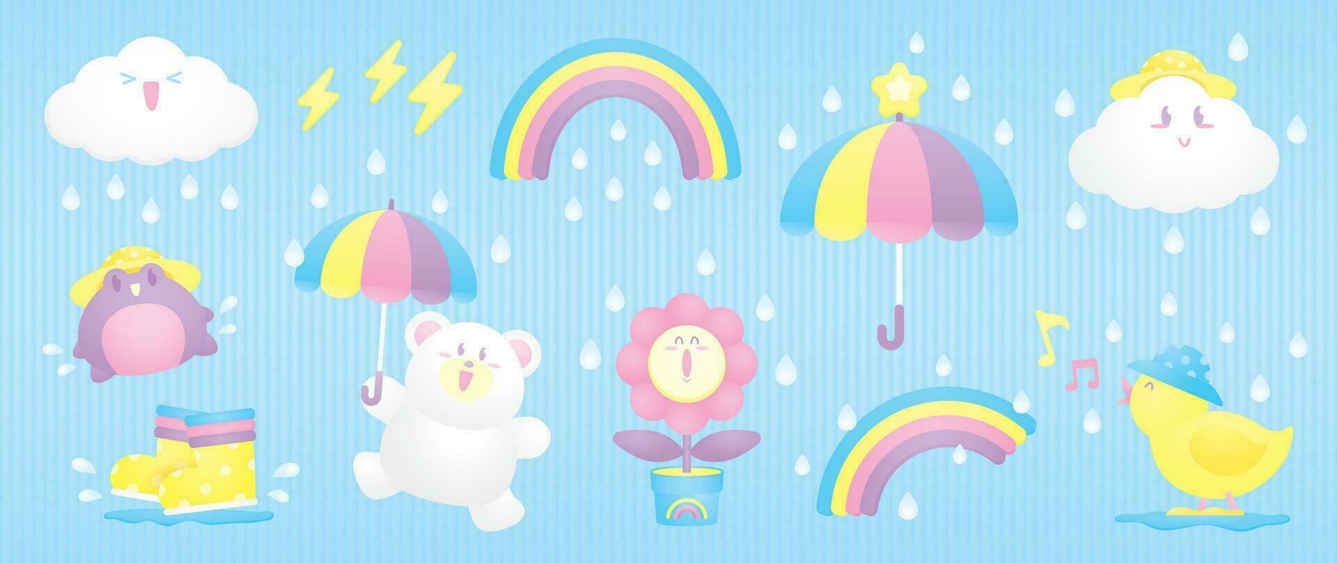 cute kawaii illustration graphic element vector set in rainy day concept for decoration your artwork