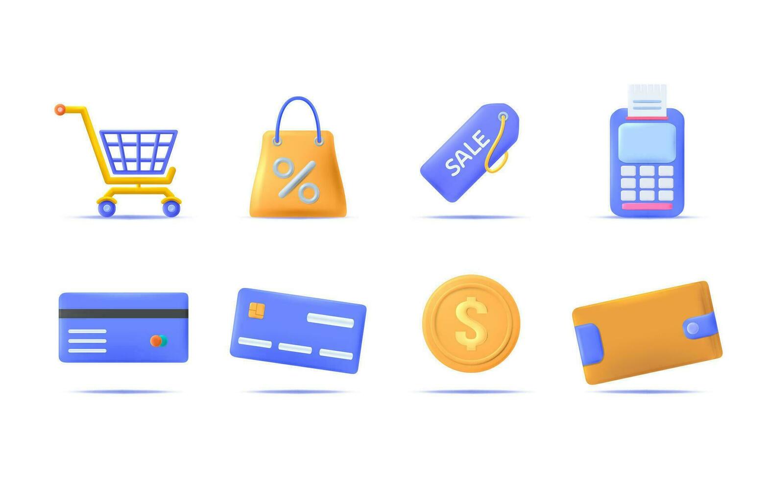 3d en línea compras icono colocar. compras carro, bolsa, etiqueta, pago, crédito tarjeta, billetera y dinero iconos vector