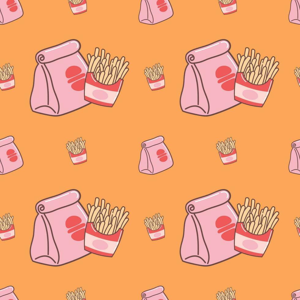 Cute seamless pattern background of french fries and fast food wrapping paper vector