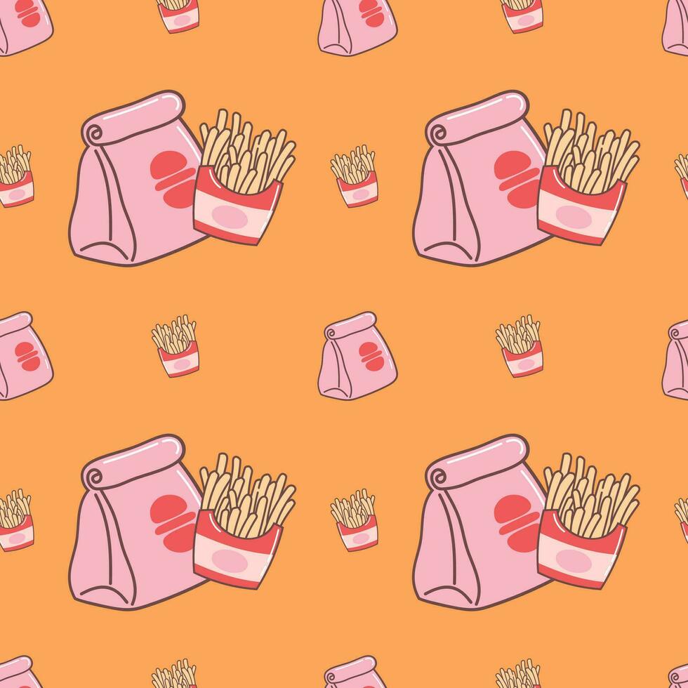 Cute seamless pattern background of french fries and fast food wrapping paper vector