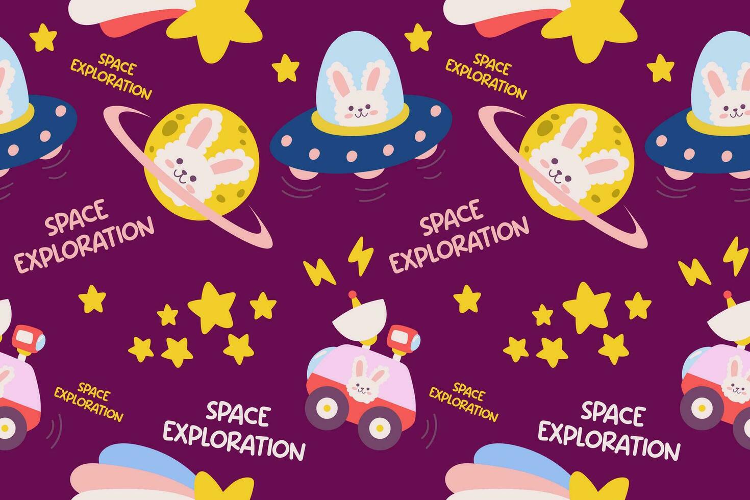 Kawaii Outer Space Seamless Pattern Background. Cute Cosmic Galaxy themed for apparel, textile and wrapping paper vector