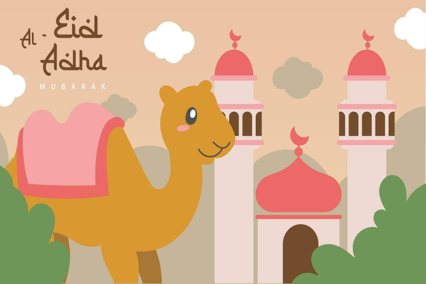 Holy Eid Al Adha Mubarak Cute Banner Cartoon doodle. Islamic and Arabic Greeting flyer for Muslim Community Festival graphic print Vector