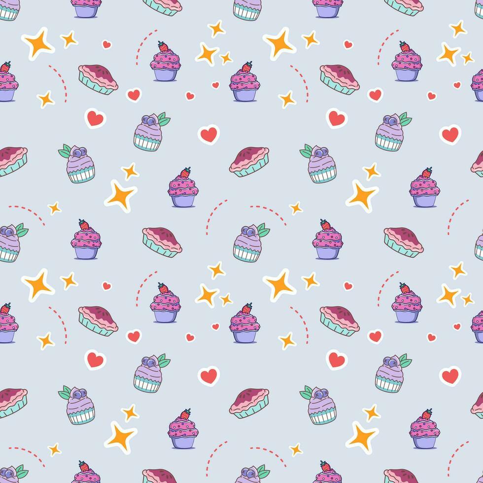 Cute Cake and bakery sweet Food Cartoon perfect seamless pattern background for wrapping paper, graphic print, fabric, textile or apparel vector
