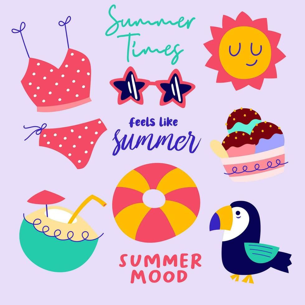 bundle of pop summertime cute sticker. Hand drawn enjoy summer cartoon doodle vector