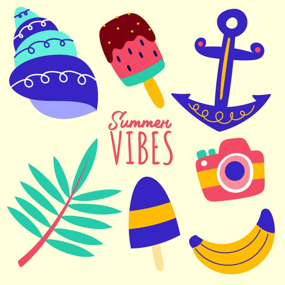 bundle of pop summertime cute sticker. Hand drawn enjoy summer cartoon doodle vector