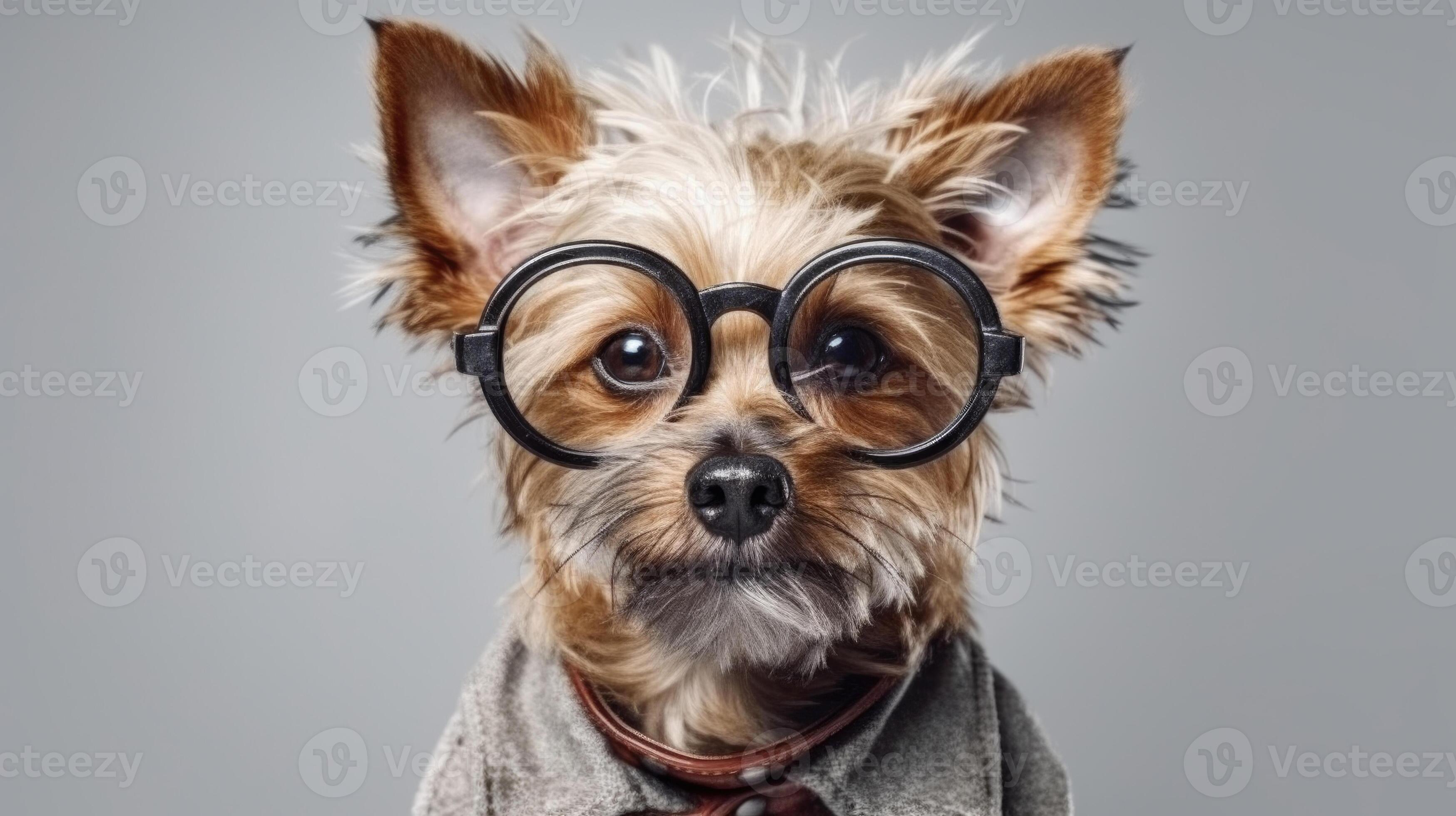 Smart dog in eyeglasses on a gray background. Yorkshire Terrier